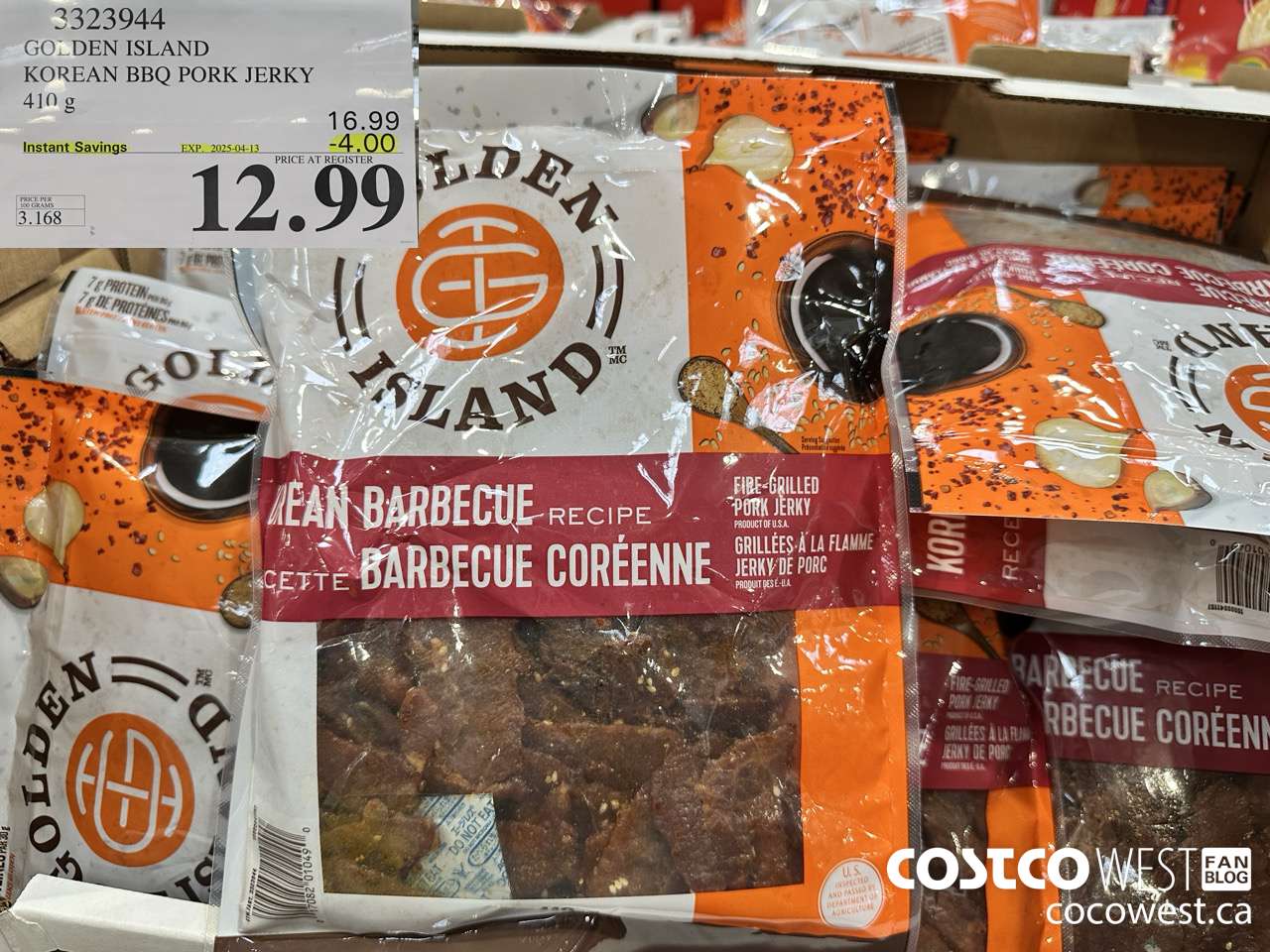 3323944 GOLDEN ISLAND KOREAN BBQ PORK JERKY 410G ($4.00 INSTANT SAVINGS EXPIRES ON 2025-04-13) $12.99