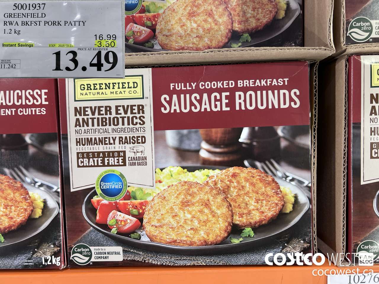 5001937 GREENFIELD RWA BKFST PORK PATTY 1.2 kg ($3.50 INSTANT SAVINGS EXPIRES ON 2025-03-23) $13.49