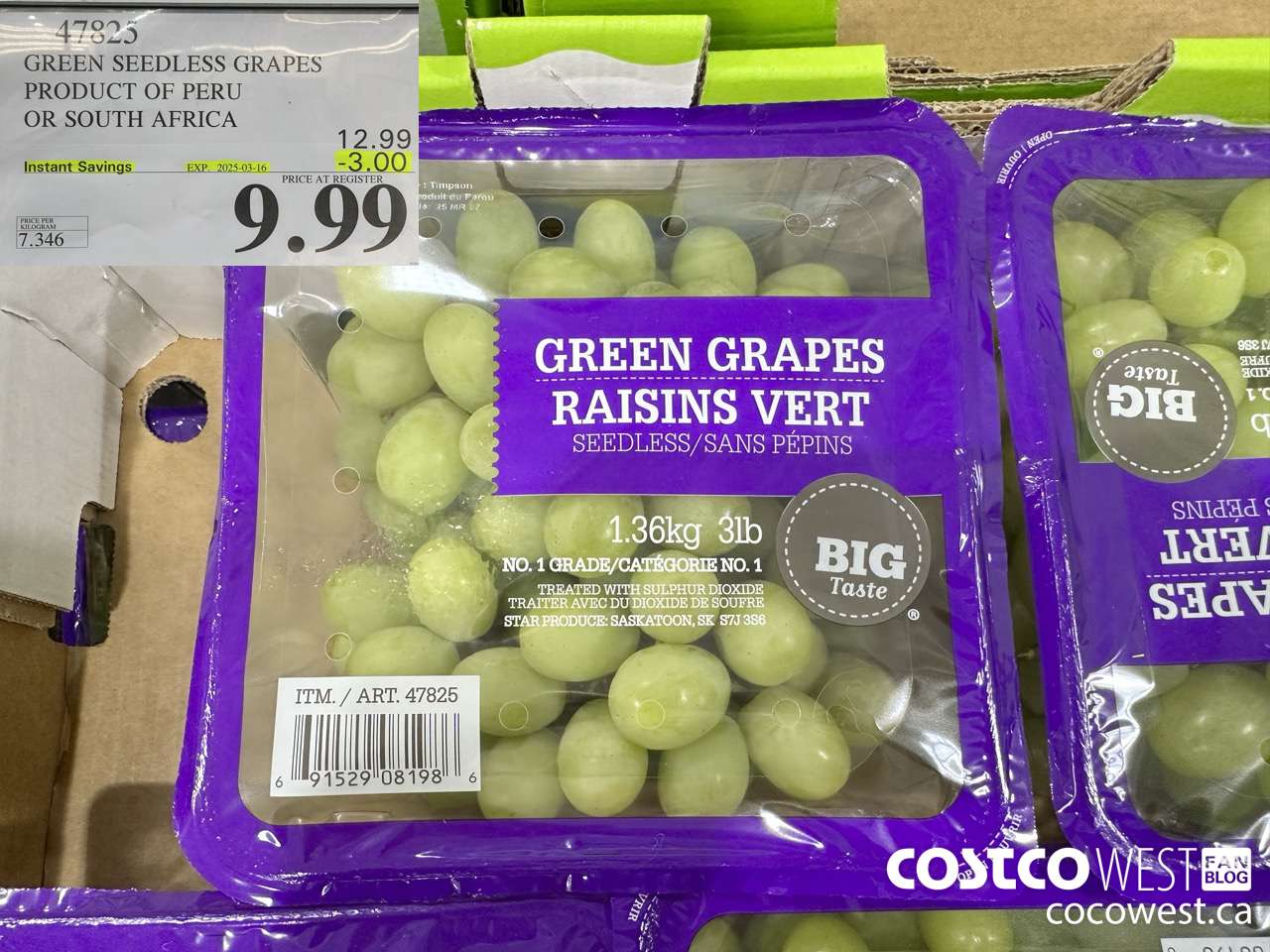 47825 GREEN SEEDLESS GRAPES PRODUCT OF PERU OR SOUTH AFRICA ($3.00 INSTANT SAVINGS EXPIRES ON 2025-03-16) $9.99