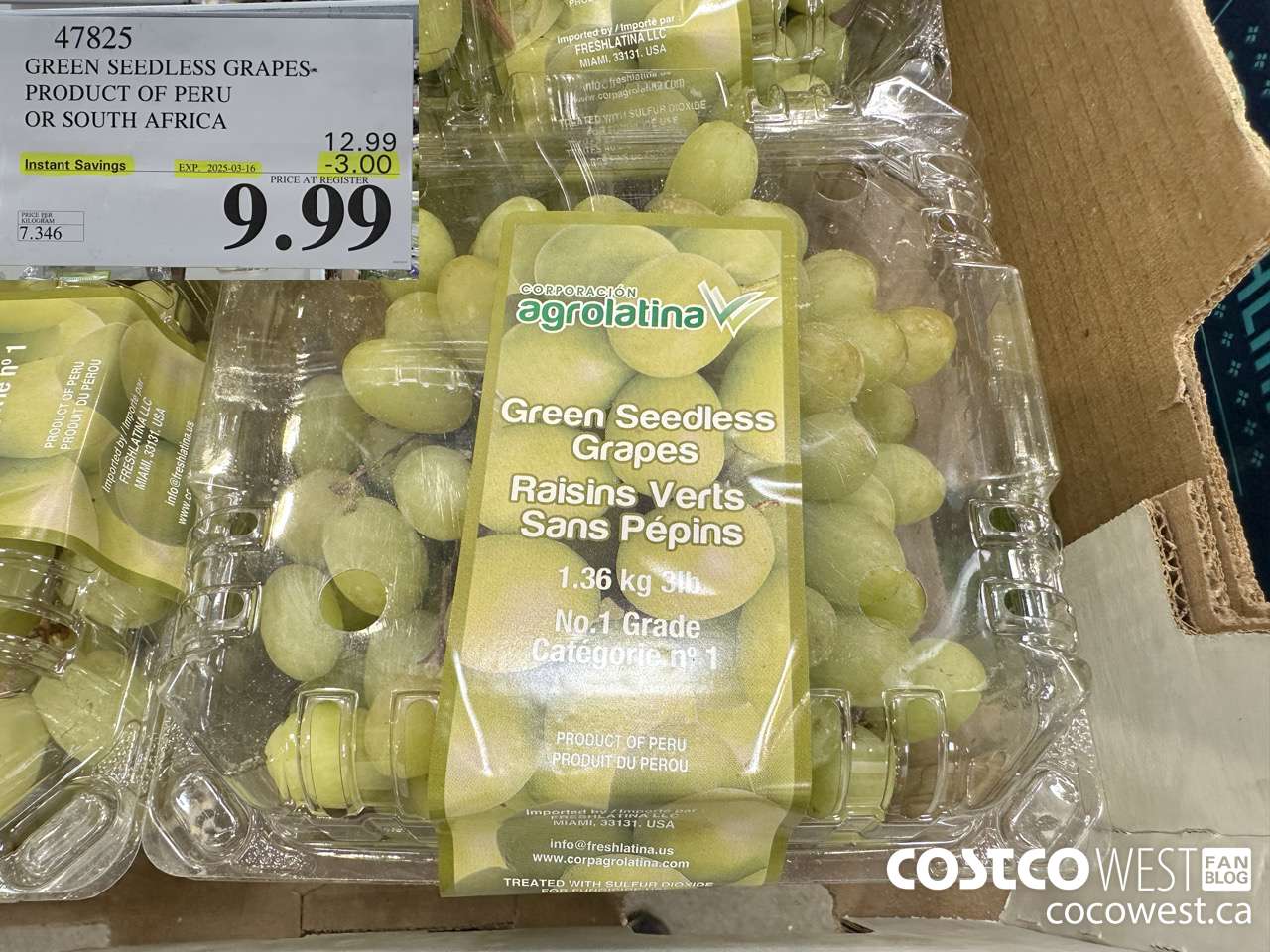 47825 GREEN SEEDLESS GRAPES PRODUCT OF PERU OR SOUTH AFRICA ($3.00 INSTANT SAVINGS EXPIRES ON 2025-03-16) $9.99