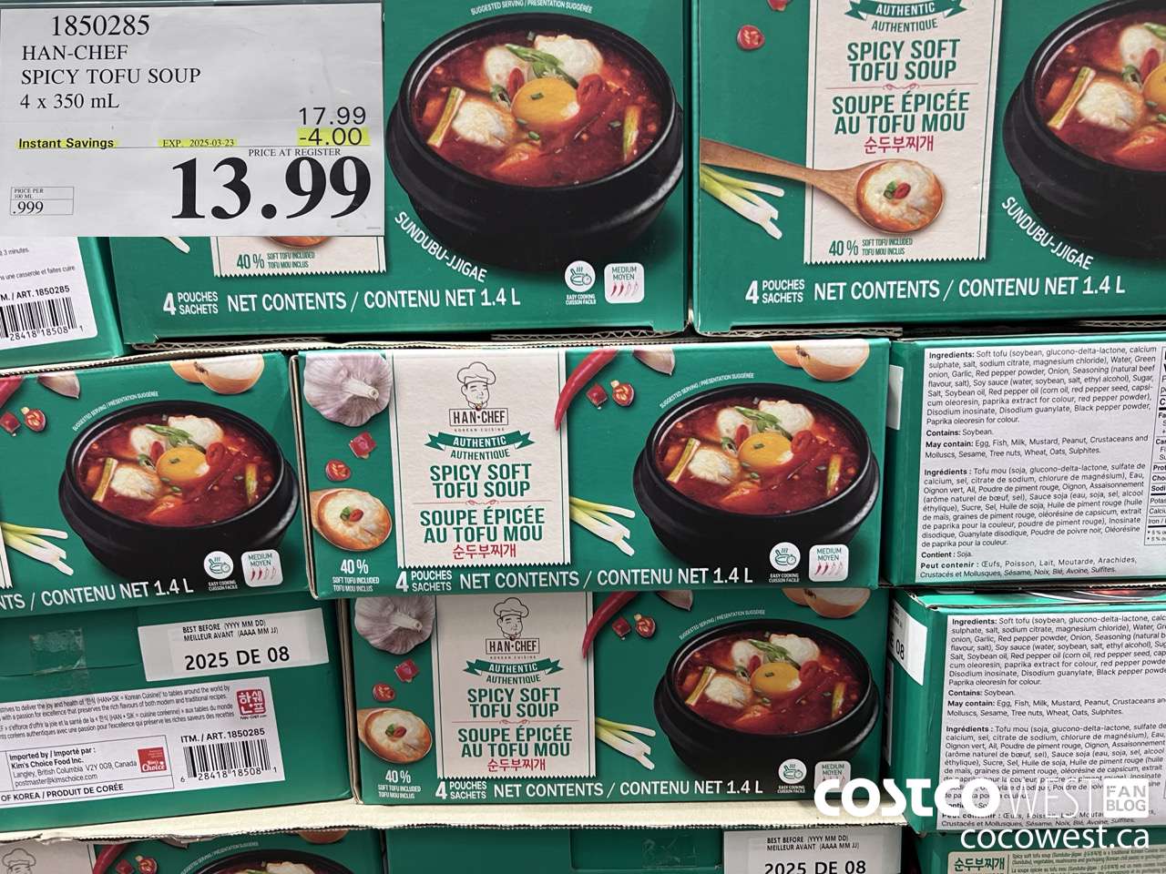 1850285 HAN-CHEF SPICY TOFU SOUP 4 X 350ML ($4.00 INSTANT SAVINGS EXPIRES ON 2025-03-23) $13.99