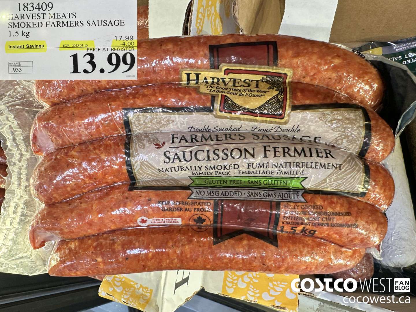 183409 HARVEST MEATS SMOKED FARMERS SAUSAGE 1.5 kg ($4.00 INSTANT SAVINGS EXPIRES ON 2025-03-16) $13.99