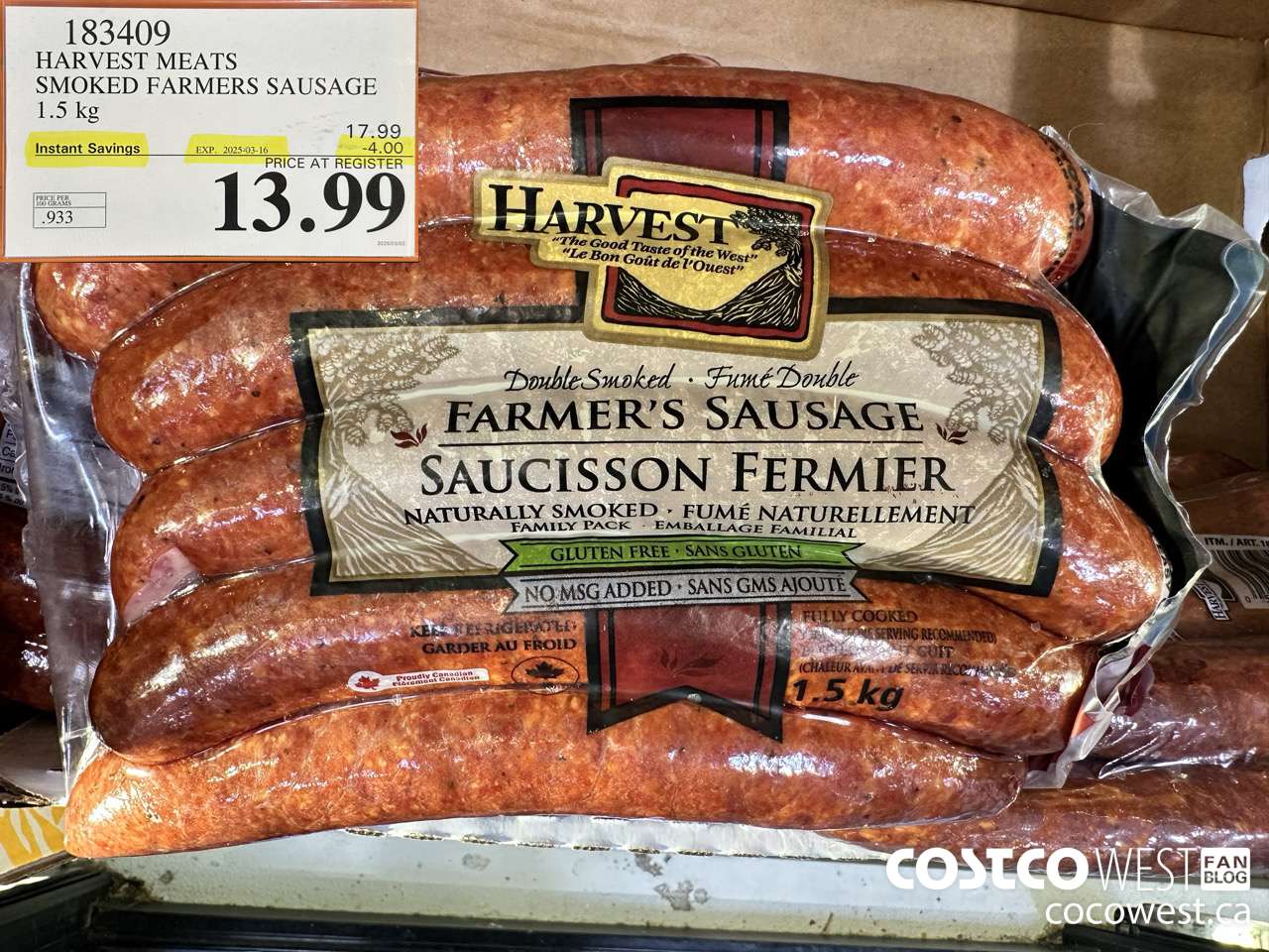 183409 HARVEST MEATS SMOKED FARMERS SAUSAGE 1.5 kg ($4.00 INSTANT SAVINGS EXPIRES ON 2025-03-16) $13.99