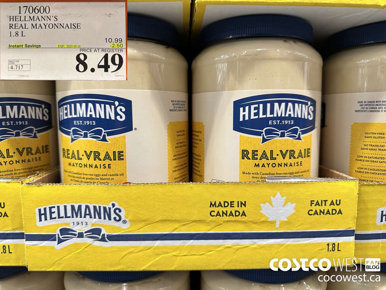 170600 HELLMANN'S REGULAR MAYONNAISE 1.8 L ($2.50 INSTANT SAVINGS EXPIRES ON 2025-03-16) $8.49