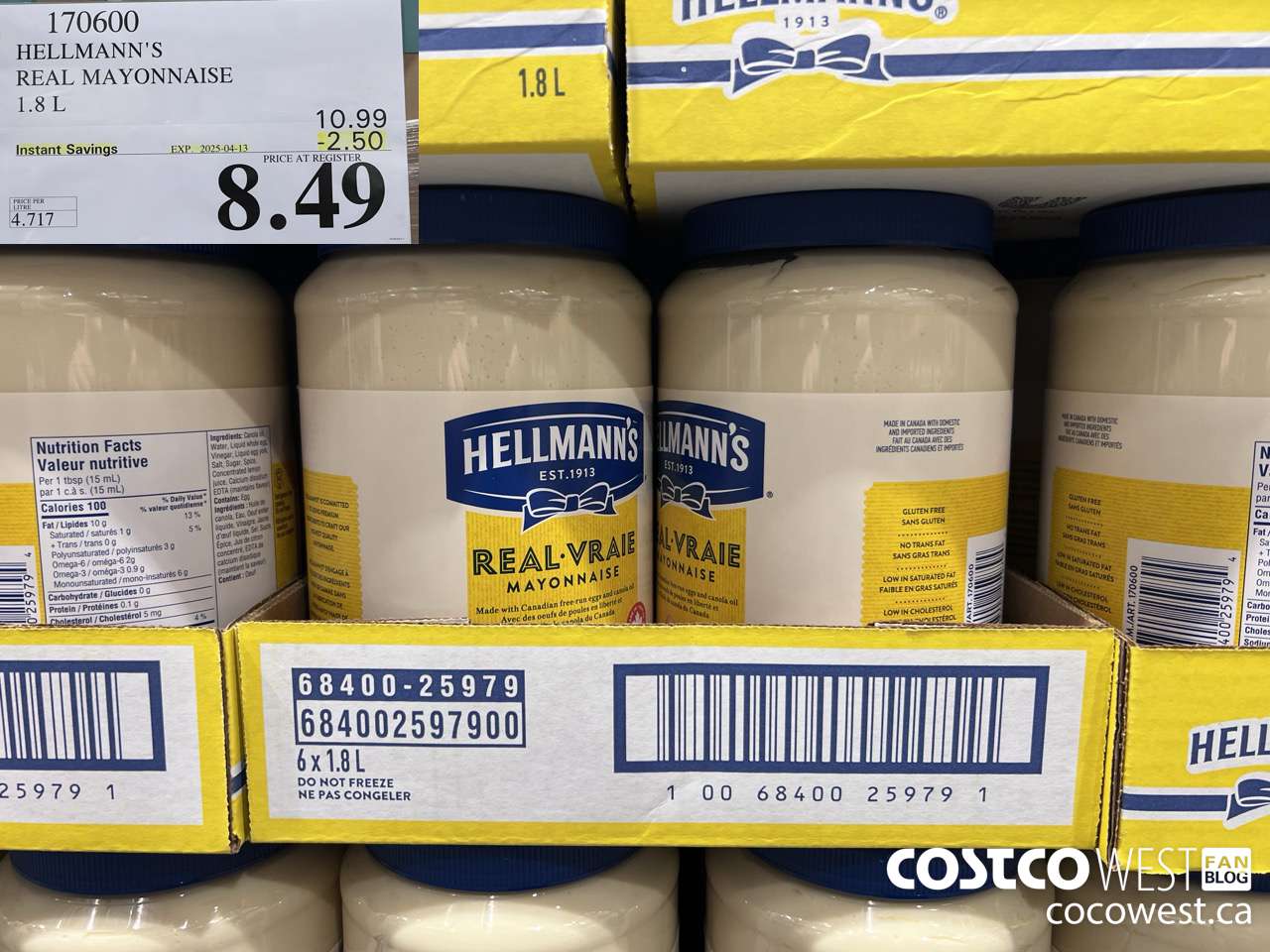 170600 HELLMANN'S REGULAR MAYONNAISE 1.8 L ($2.50 INSTANT SAVINGS EXPIRES ON 2025-04-13) $8.49