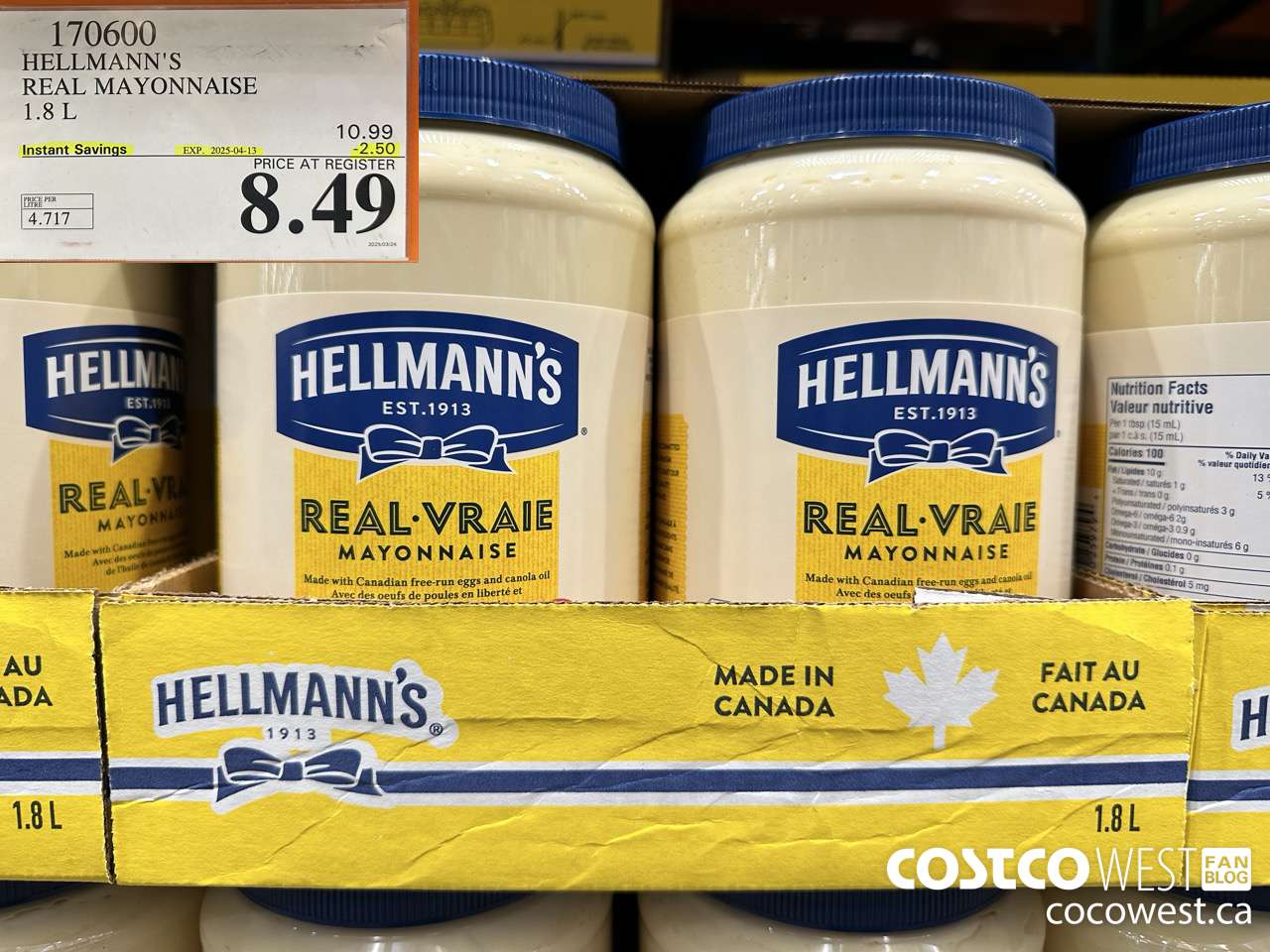 170600 HELLMANN'S REGULAR MAYONNAISE 1.8 L ($2.50 INSTANT SAVINGS EXPIRES ON 2025-04-13) $8.49