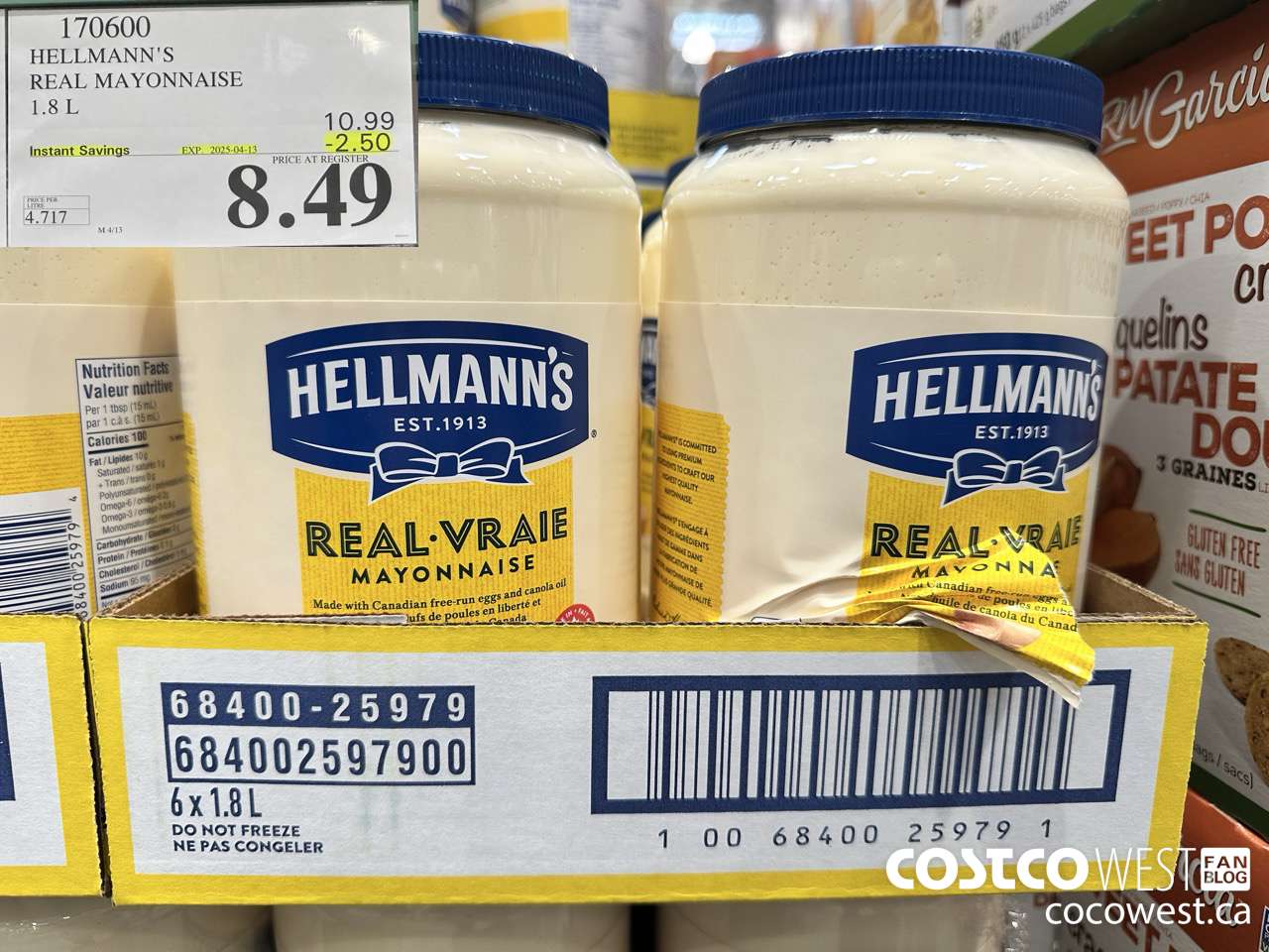 170600 HELLMANN'S REGULAR MAYONNAISE 1.8 L ($2.50 INSTANT SAVINGS EXPIRES ON 2025-04-13) $8.49