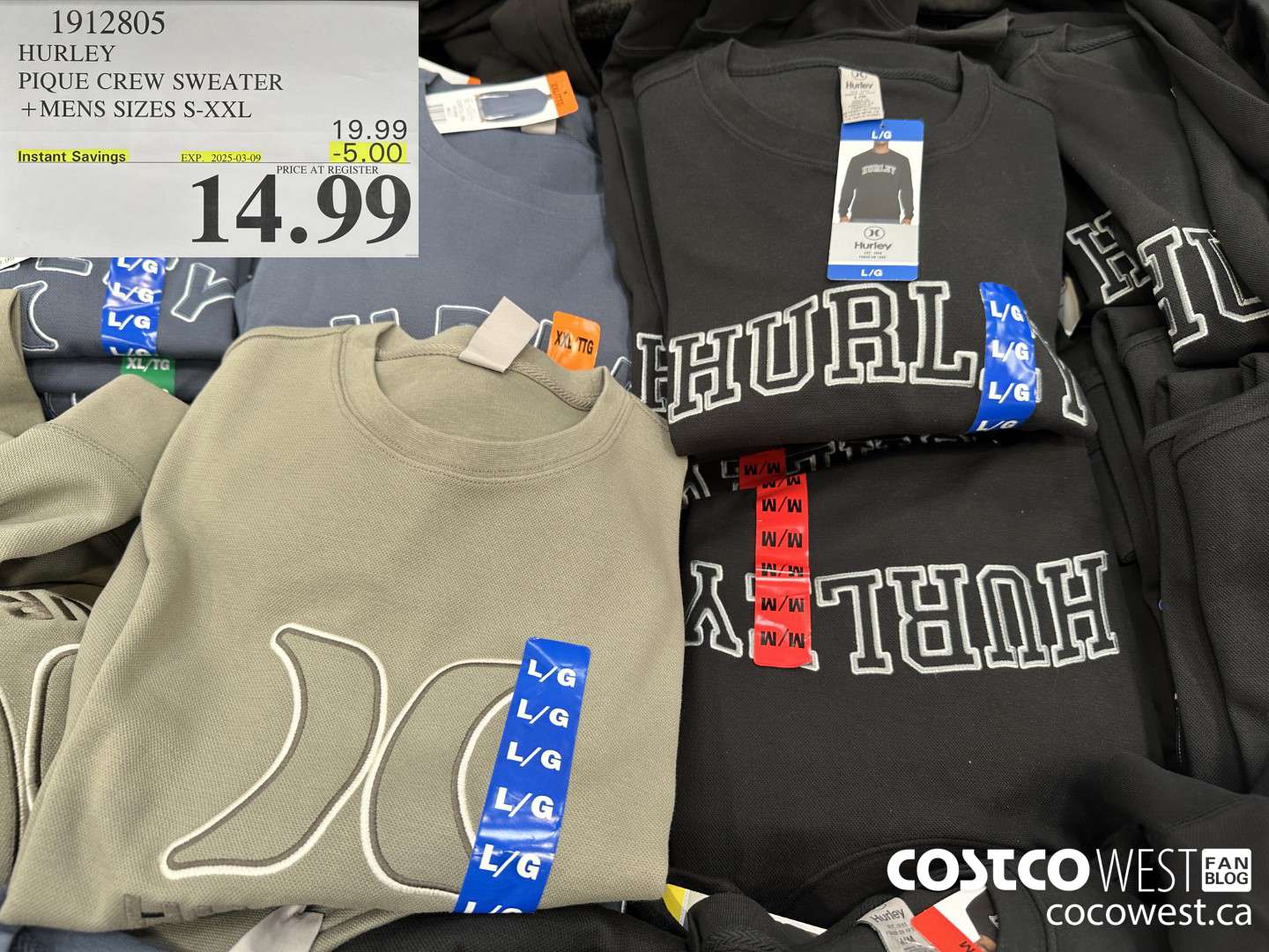 1912805 HURLEY PIQUE CREW SWEATER MENS SIZES S-XXL ($5.00 INSTANT SAVINGS EXPIRES ON 2025-03-09) $14.99