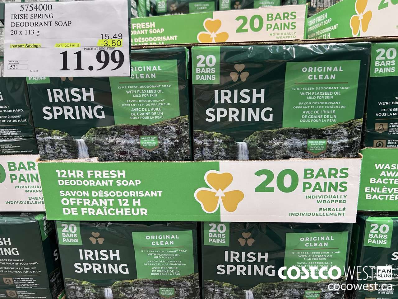 5754000 IRISH SPRING DEODORANT SOAP 20 x 113 g ($3.50 INSTANT SAVINGS EXPIRES ON 2025-04-13) $11.99