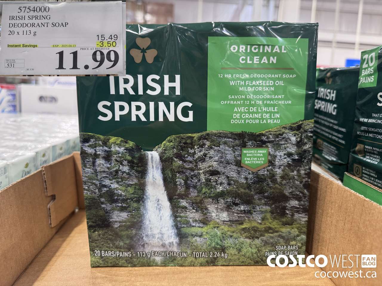5754000 IRISH SPRING DEODORANT SOAP 20 x 113 g ($3.50 INSTANT SAVINGS EXPIRES ON 2025-04-13) $11.99