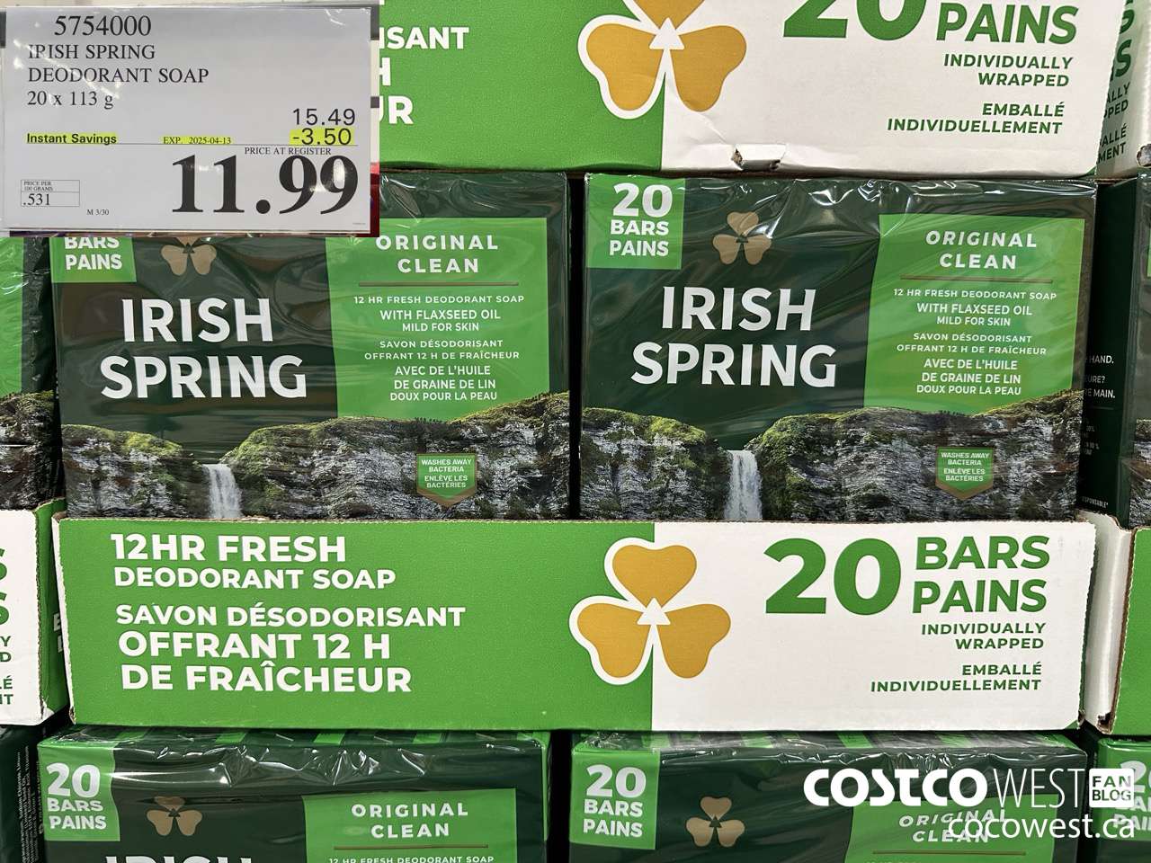 5754000 IRISH SPRING DEODORANT SOAP 20 x 113 g ($3.50 INSTANT SAVINGS EXPIRES ON 2025-04-13) $11.99