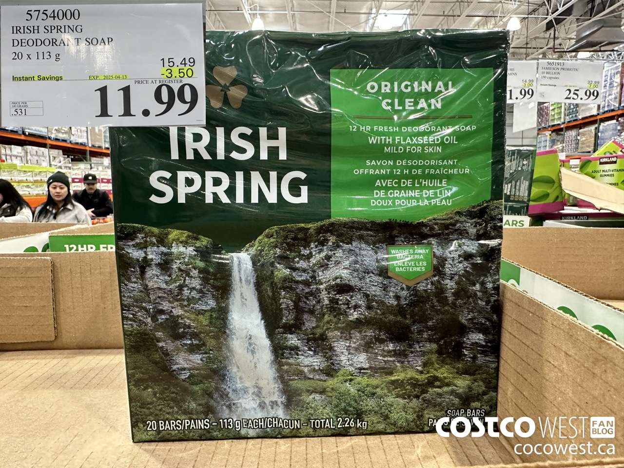 5754000 IRISH SPRING DEODORANT SOAP 20 x 113 g ($3.50 INSTANT SAVINGS EXPIRES ON 2025-04-13) $11.99