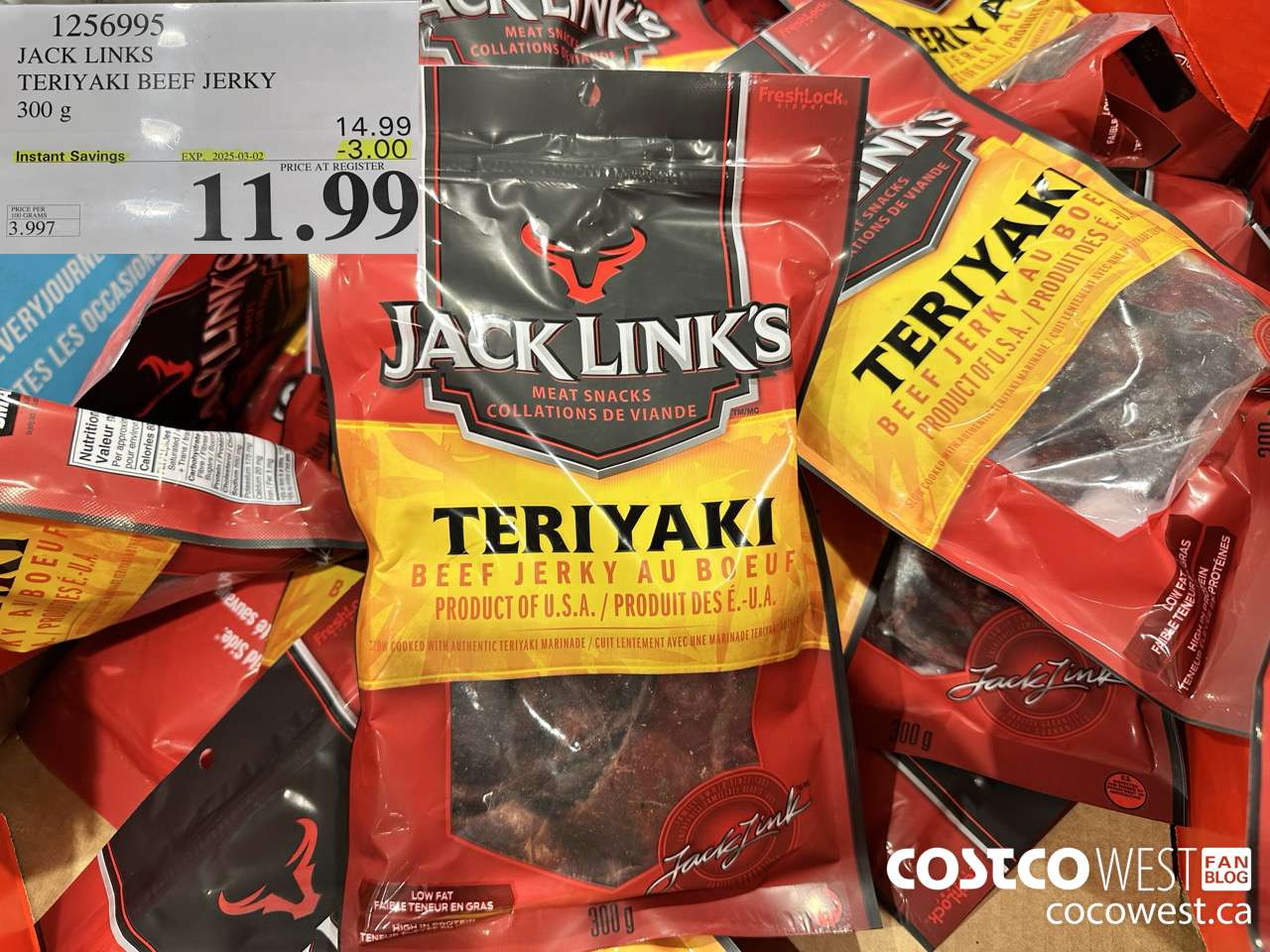 1256995 JACK LINKS TERIYAKI BEEF JERKY 300g ($3.00 INSTANT SAVINGS EXPIRES ON 2025-03-02) $11.99