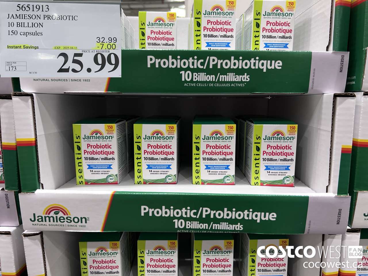 5651913 JAMIESON PROBIOTIC 10 BILLION 150 COUNT ($7.00 INSTANT SAVINGS EXPIRES ON 2025-04-13) $25.99