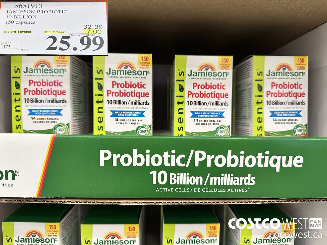 5651913 JAMIESON PROBIOTIC 10 BILLION 150 COUNT ($7.00 INSTANT SAVINGS EXPIRES ON 2025-04-13) $25.99