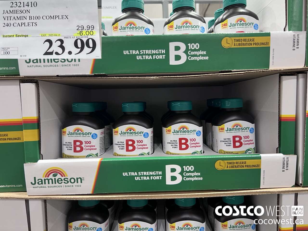 2321410 JAMIESON VITAMIN B100 COMPLEX 240 CAPLETS ($6.00 INSTANT SAVINGS EXPIRES ON 2025-04-13) $23.99