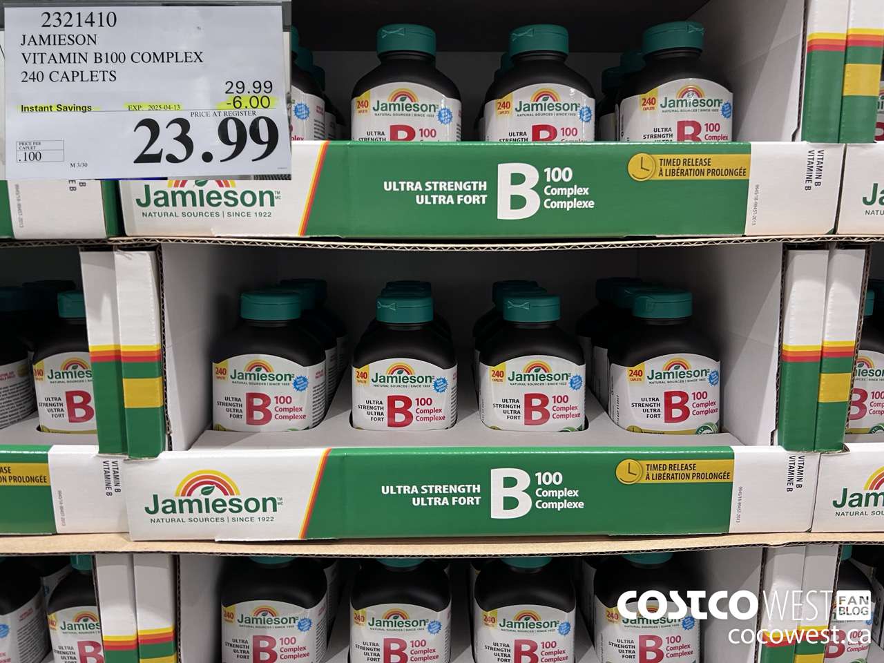 2321410 JAMIESON VITAMIN B100 COMPLEX 240 CAPLETS ($6.00 INSTANT SAVINGS EXPIRES ON 2025-04-13) $23.99