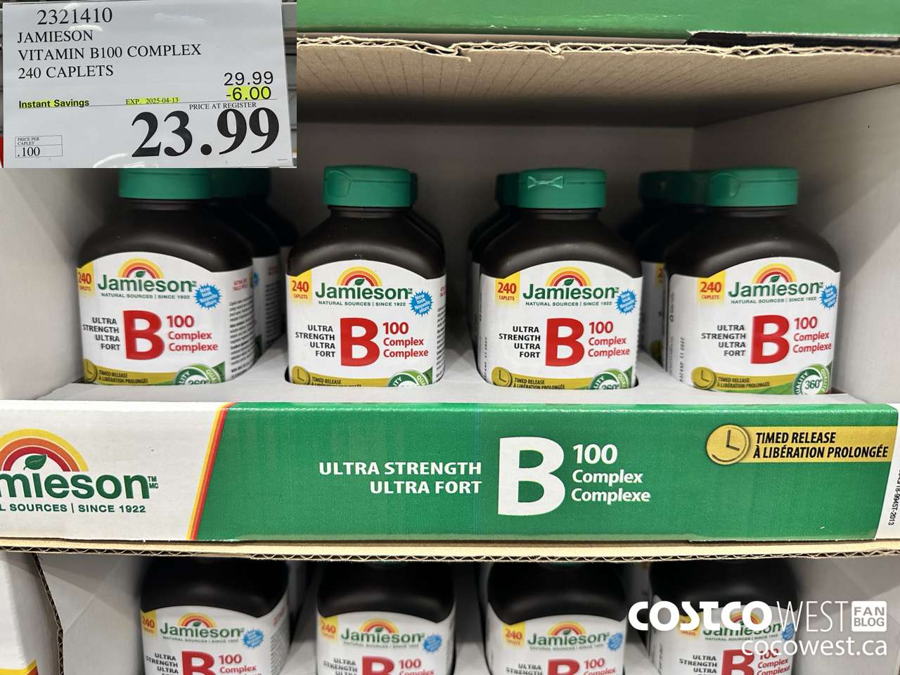 2321410 JAMIESON VITAMIN B100 COMPLEX 240 CAPLETS ($6.00 INSTANT SAVINGS EXPIRES ON 2025-04-13) $23.99