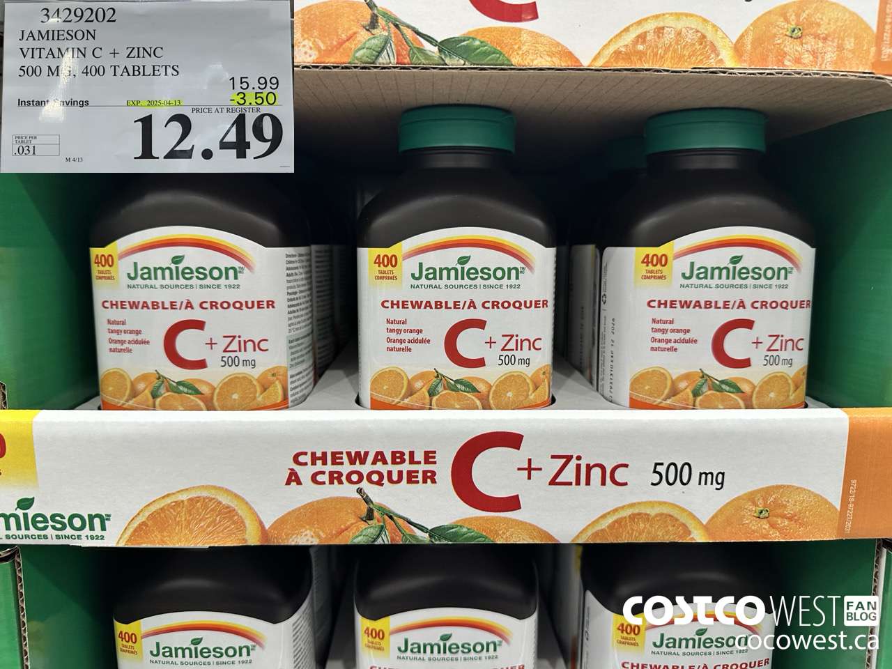 3429202 JAMIESON VITAMIN C+ZINC 500MG 400 TABLET ($3.50 INSTANT SAVINGS EXPIRES ON 2025-04-13) $12.49