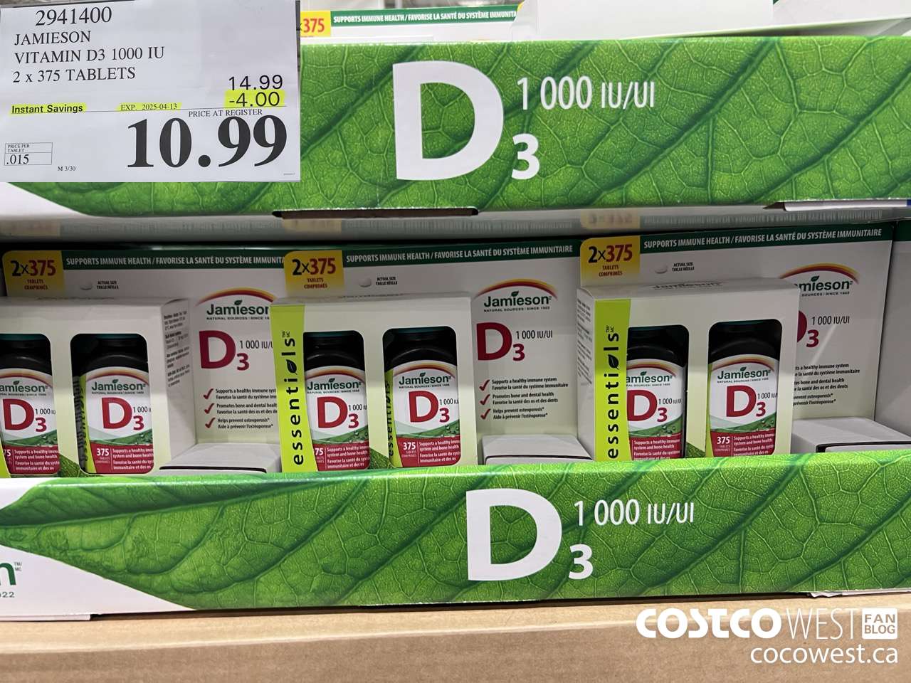 2941400 JAMIESON VITAMIN D3 1000IU 2X375 TABLETS ($4.00 INSTANT SAVINGS EXPIRES ON 2025-04-13) $10.99