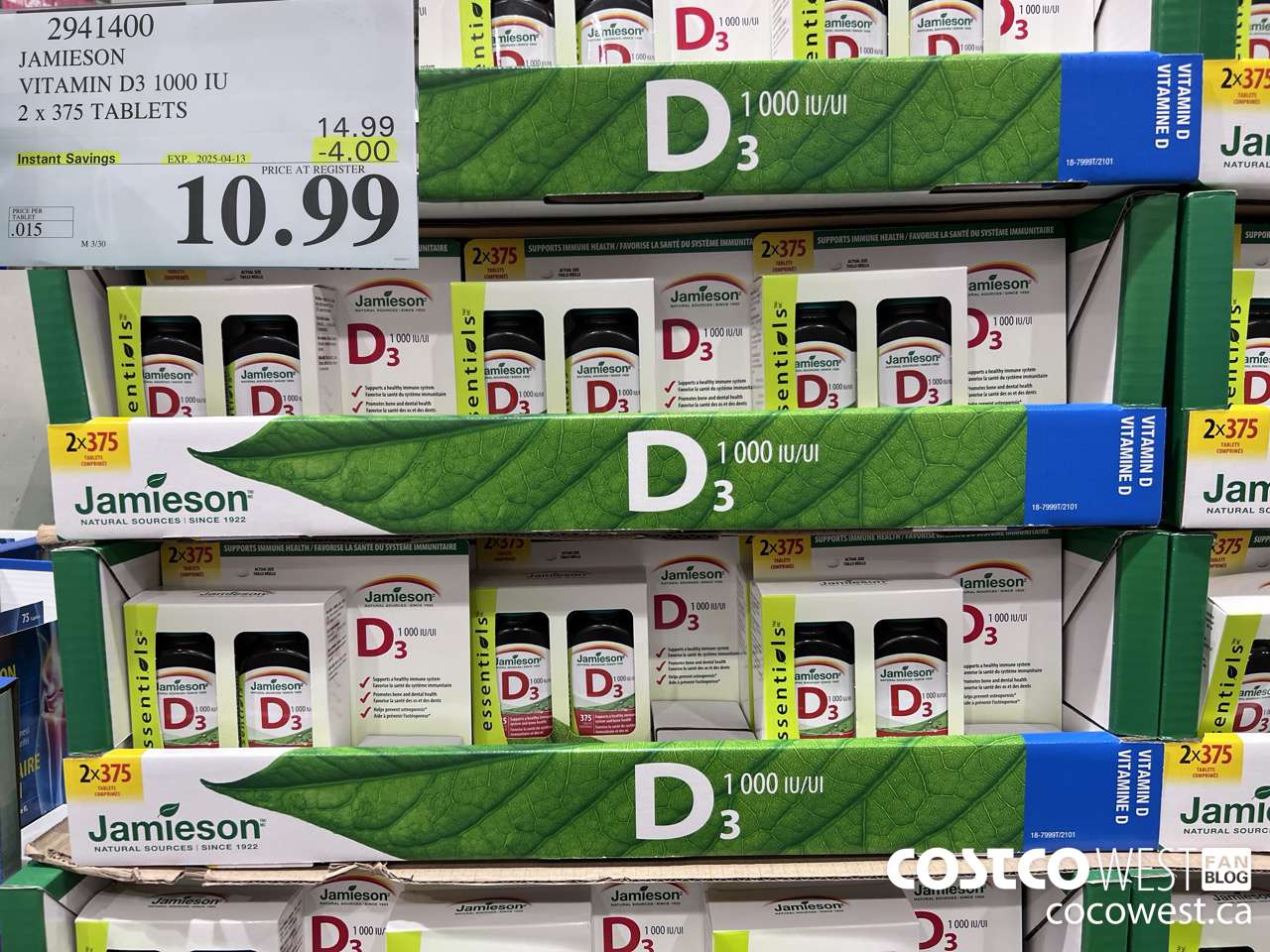 2941400 JAMIESON VITAMIN D3 1000IU 2X375 TABLETS ($4.00 INSTANT SAVINGS EXPIRES ON 2025-04-13) $10.99