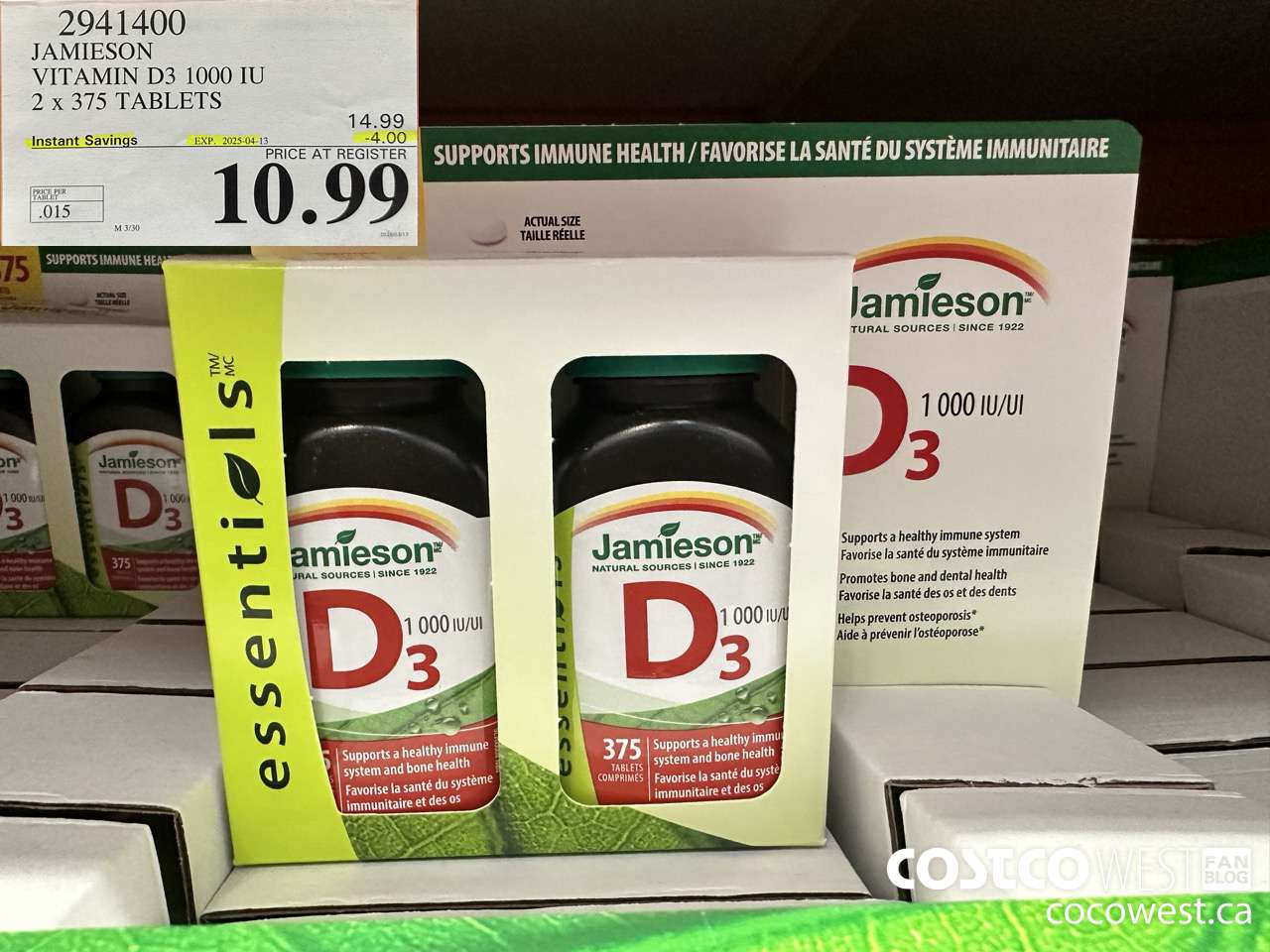 2941400 JAMIESON VITAMIN D3 1000IU 2X375 TABLETS ($4.00 INSTANT SAVINGS EXPIRES ON 2025-04-13) $10.99