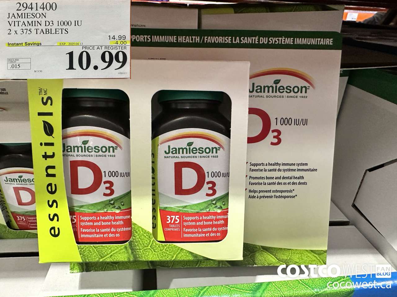2941400 JAMIESON VITAMIN D3 1000IU 2X375 TABLETS ($4.00 INSTANT SAVINGS EXPIRES ON 2025-04-13) $10.99