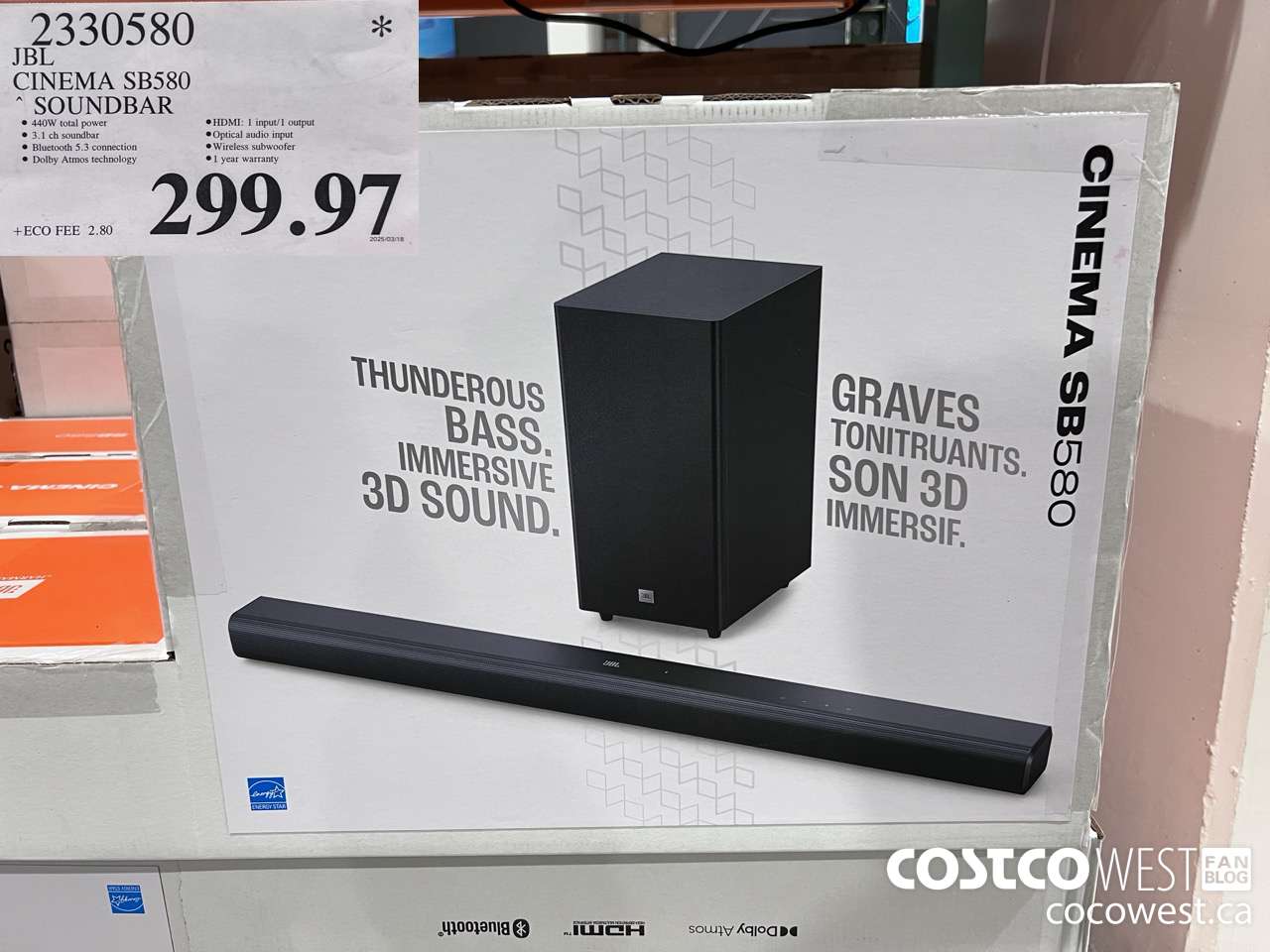 2330580 JBL CINEMA SB580 SOUNDBAR $299.97