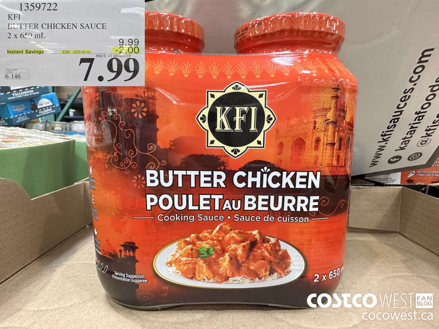 1359722 KFI BUTTER CHICKEN SAUCE 2 x 650 mL ($2.00 INSTANT SAVINGS EXPIRES ON 2025-03-16) $7.99