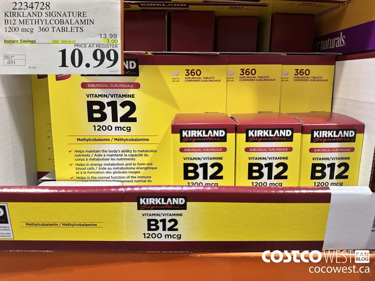 2234728 KIRKLAND SIGNATURE B12 METHYLCOBALAMIN 1200MCG 360 TABLETS ($3.00 INSTANT SAVINGS EXPIRES ON 2025-04-13) $10.99