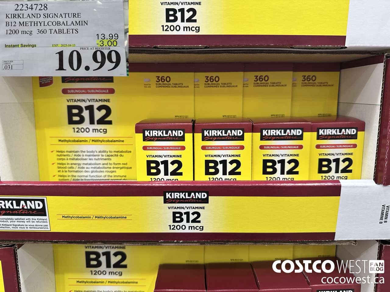 2234728 KIRKLAND SIGNATURE B12 METHYLCOBALAMIN 1200MCG 360 TABLETS ($3.00 INSTANT SAVINGS EXPIRES ON 2025-04-13) $10.99
