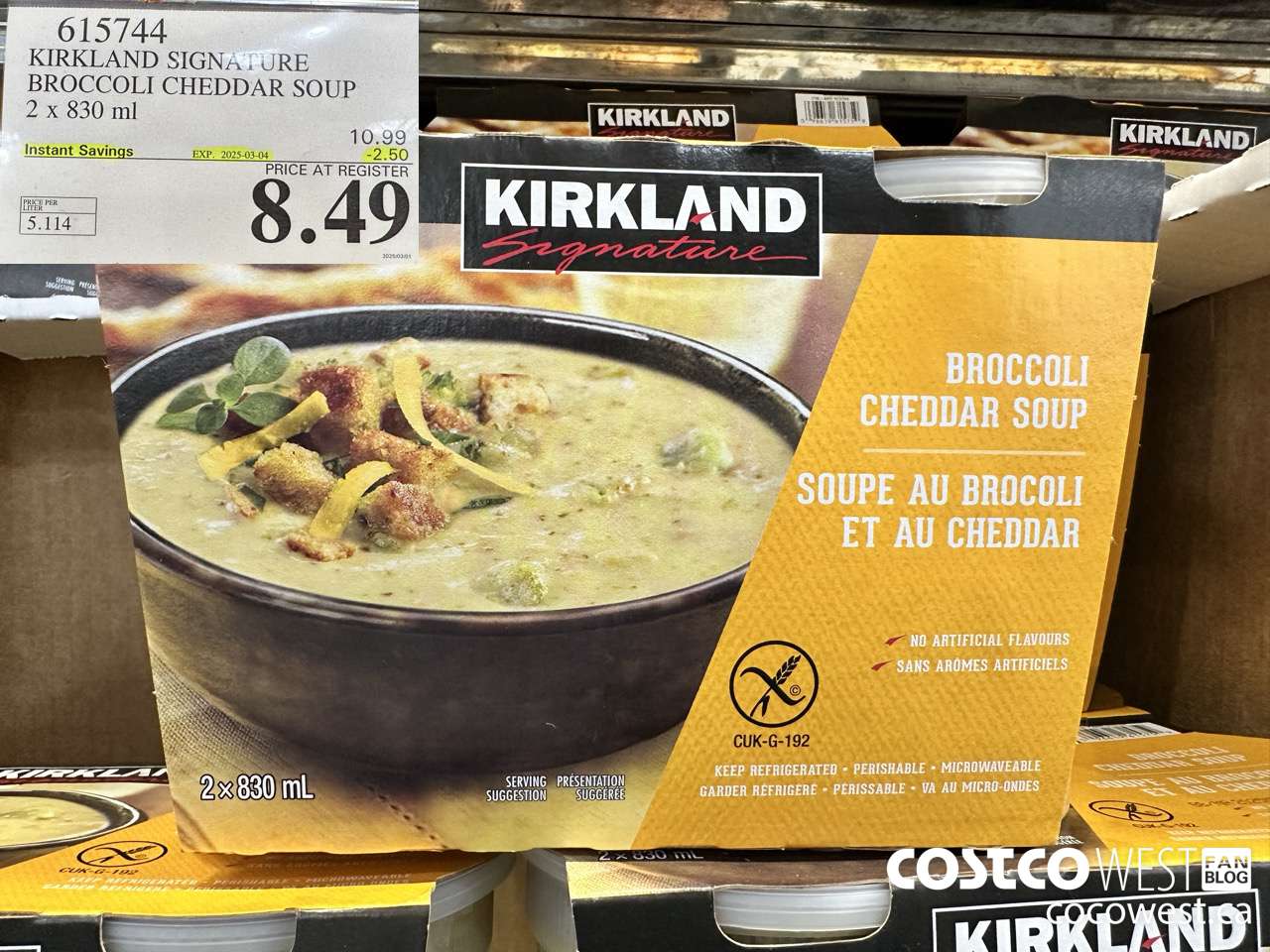 615744 KIRKLAND SIGNATURE BROCCOLI CHEDDAR SOUP 2 X 830ML ($2.50 INSTANT SAVINGS EXPIRES ON 2025-03-04) $8.49