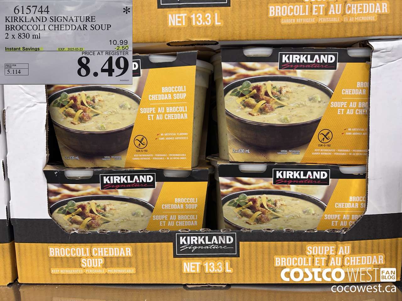 615744 KIRKLAND SIGNATURE BROCCOLI CHEDDAR SOUP 2 X 830ML ($2.50 INSTANT SAVINGS EXPIRES ON 2025-03-23) $8.49