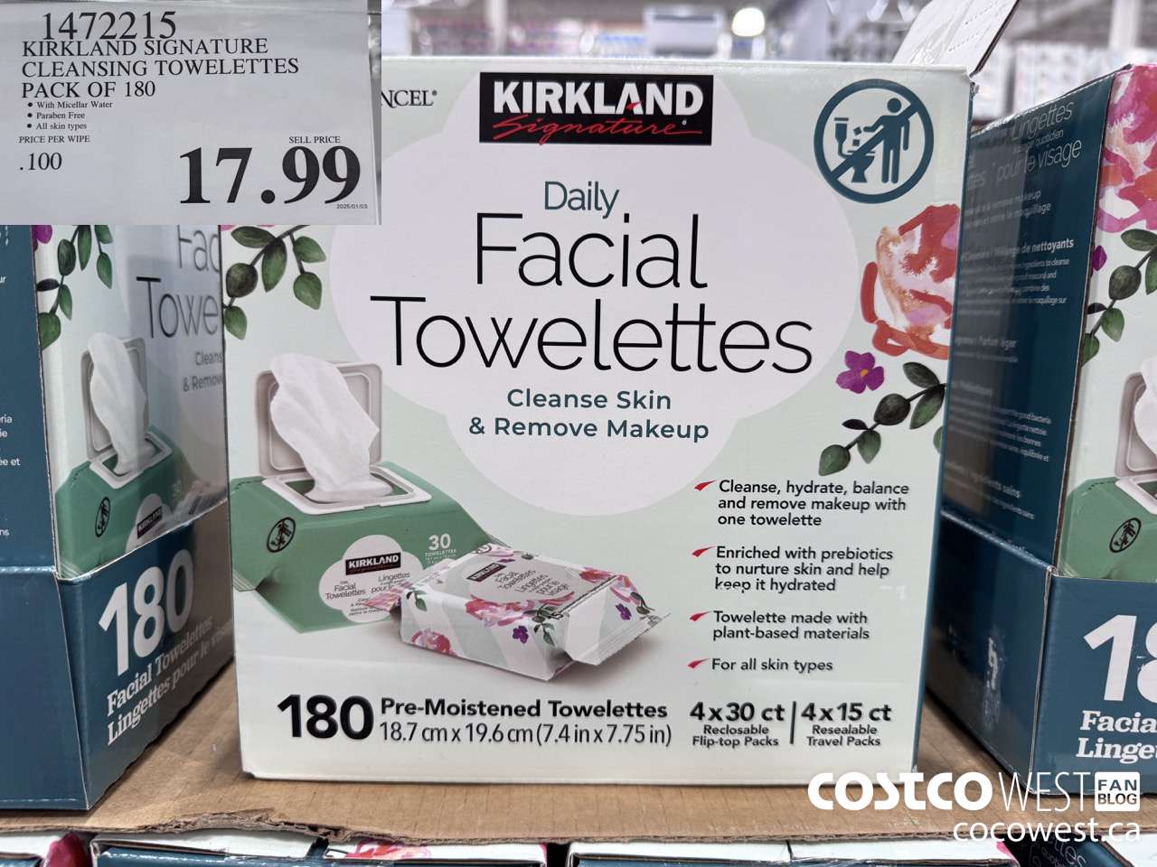 1472215 KIRKLAND SIGNATURE DAILY FACIAL TOWELETTES 180CT $17.99