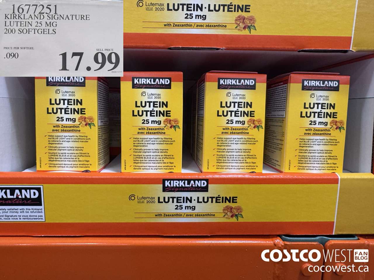 1677251 KIRKLAND SIGNATURE LUTEIN 25MG 200 SOFTGELS $17.99