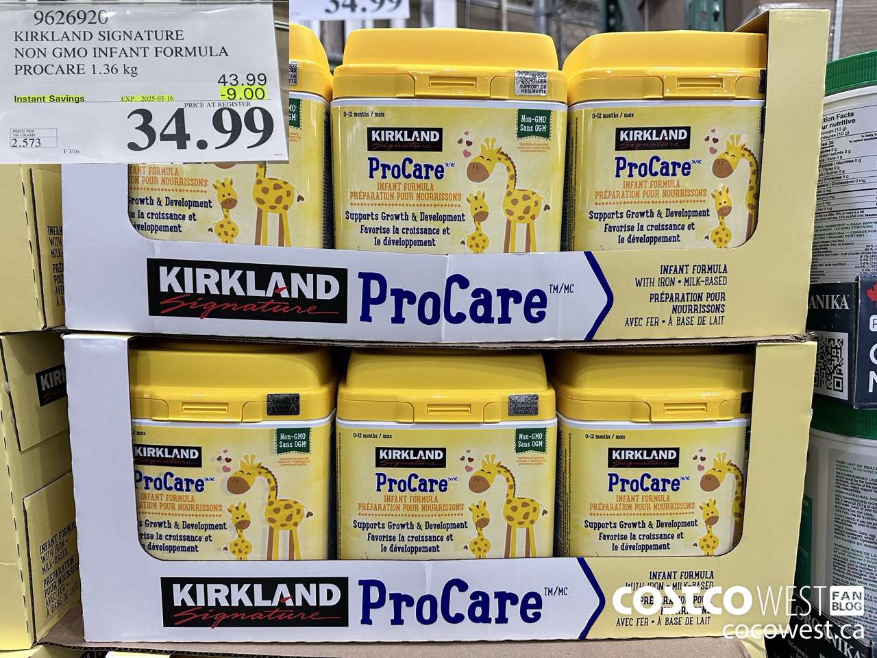 9626920 KIRKLAND SIGNATURE NON GMO INFANT FORMULA PROCARE 1.36KG ($9.00 INSTANT SAVINGS EXPIRES ON 2025-03-16) $34.99