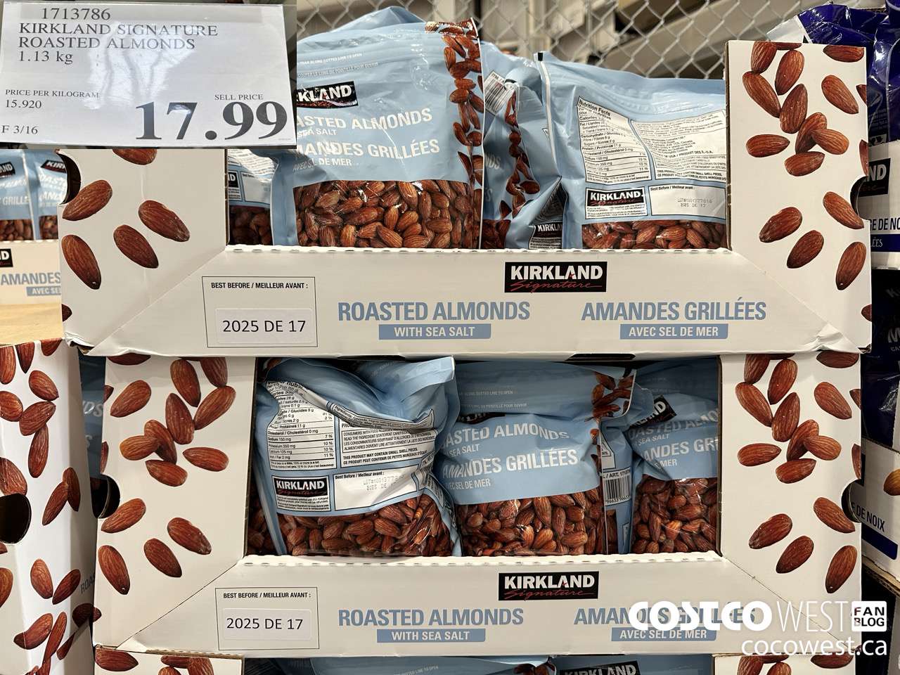 1713786 KIRKLAND SIGNATURE ROASTED ALMONDS 1.13KG $17.99