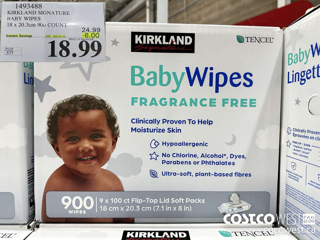 1493488 KIRKLAND SIGNATURE TENCEL BABY WIPES 18 X 20.3 CM 900 COUNT ($6.00 INSTANT SAVINGS EXPIRES ON 2025-03-16) $18.99