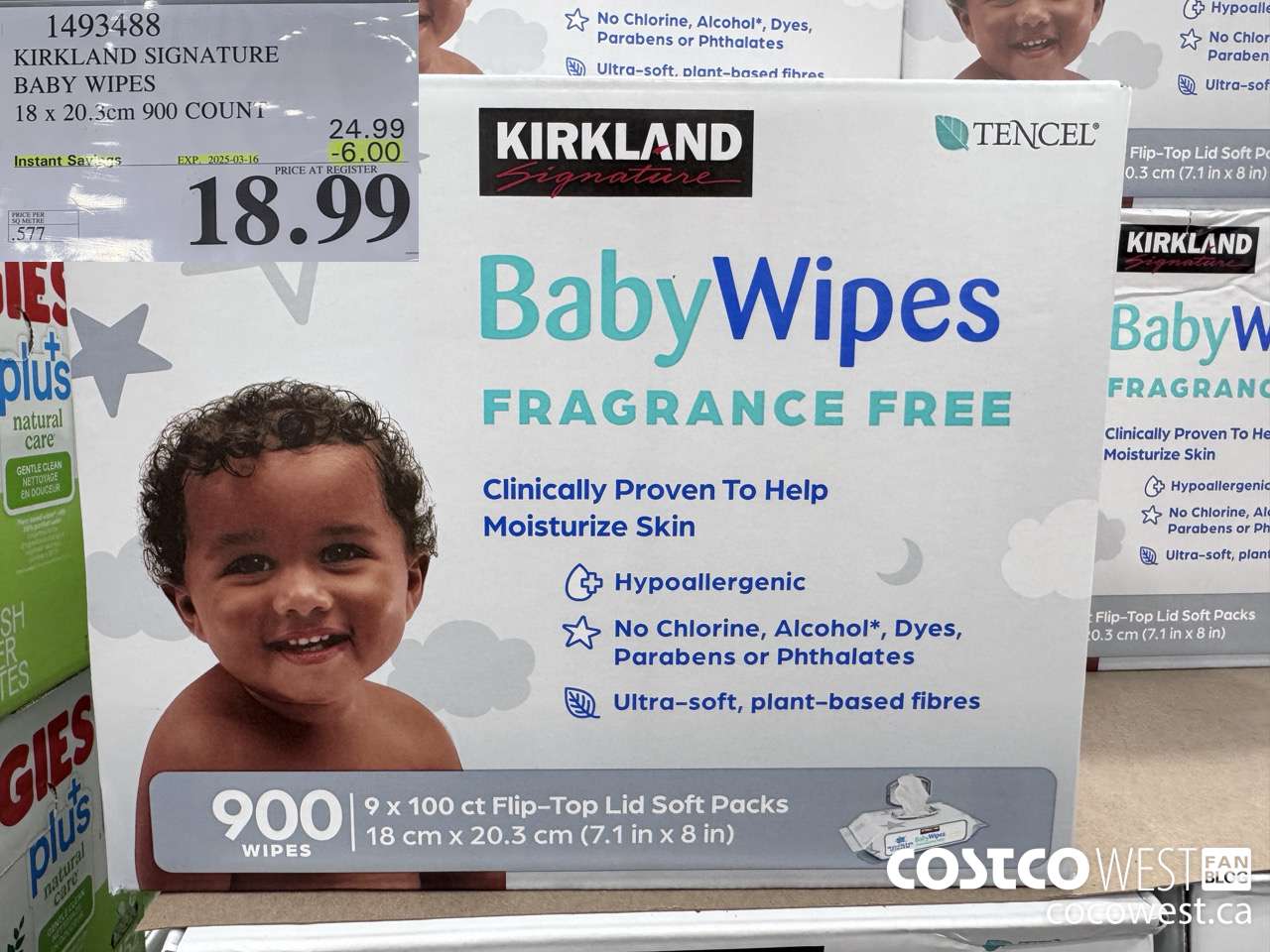 1493488 KIRKLAND SIGNATURE TENCEL BABY WIPES 18 X 20.3 CM 900 COUNT ($6.00 INSTANT SAVINGS EXPIRES ON 2025-03-16) $18.99
