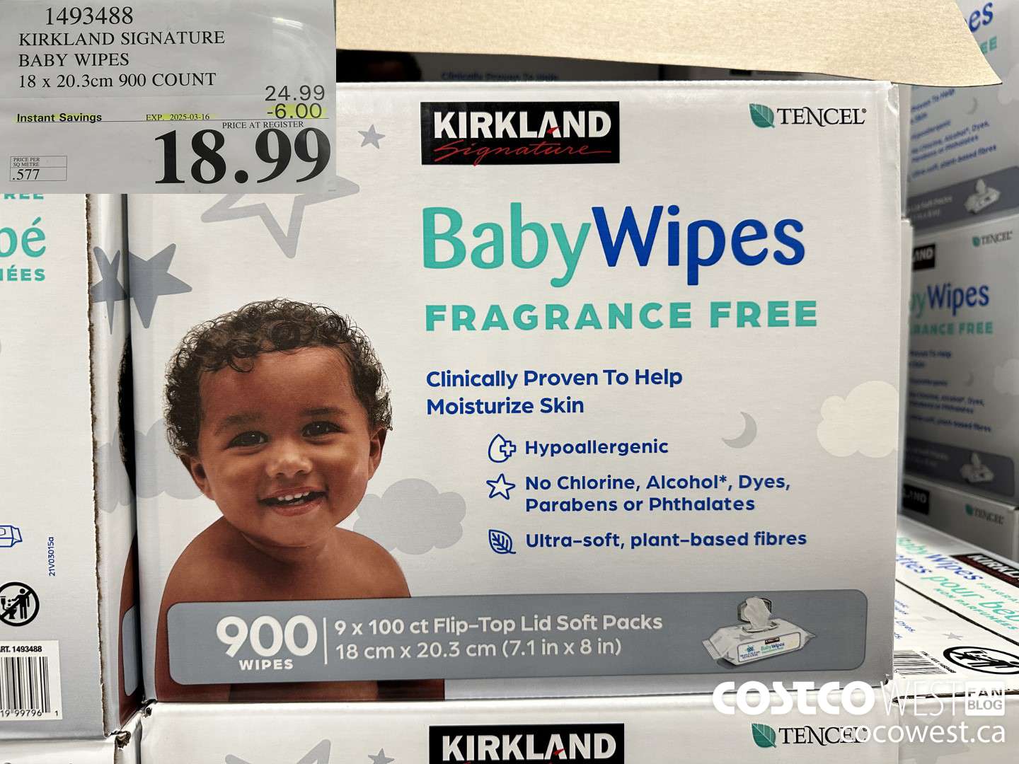 1493488 KIRKLAND SIGNATURE TENCEL BABY WIPES 18 X 20.3 CM 900 COUNT ($6.00 INSTANT SAVINGS EXPIRES ON 2025-03-16) $18.99