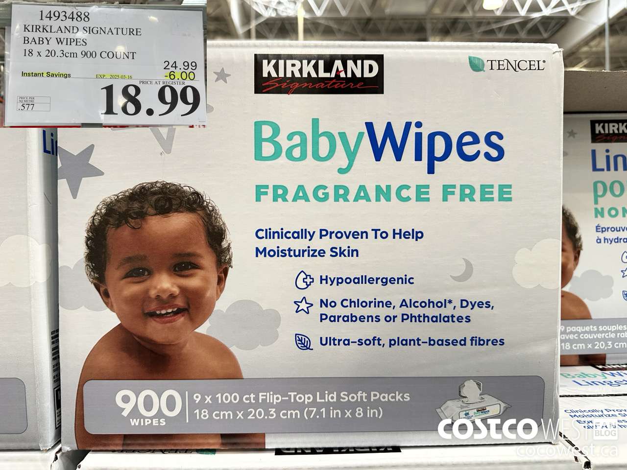 1493488 KIRKLAND SIGNATURE TENCEL BABY WIPES 18 X 20.3 CM 900 COUNT ($6.00 INSTANT SAVINGS EXPIRES ON 2025-03-16) $18.99