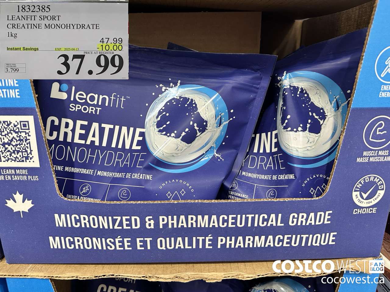 1832385 LEANFIT SPORT CREATINE MONOHYDRATE 1KG ($10.00 INSTANT SAVINGS EXPIRES ON 2025-04-13) $37.99