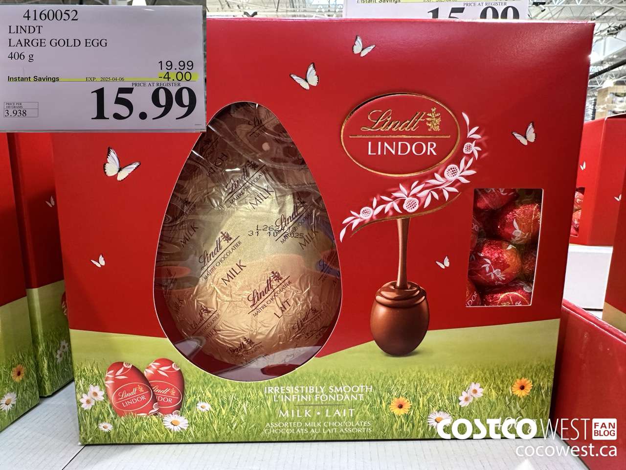 4160052 LINDT LARGE GOLD EGG 406G ($4.00 INSTANT SAVINGS EXPIRES ON 2025-04-06) $15.99