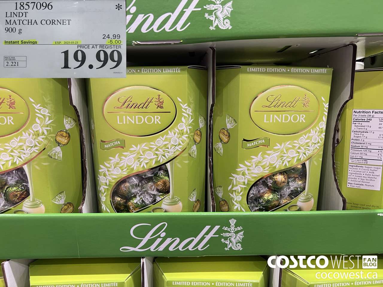 1857096 LINDT MATCHA CORNET 900G ($5.00 INSTANT SAVINGS EXPIRES ON 2025-03-23) $19.99