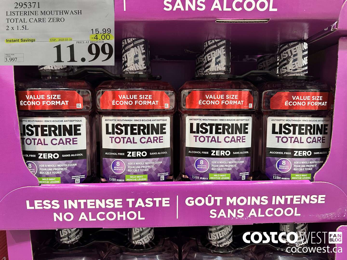 295371 LISTERINE MOUTHWASH TOTAL CARE ZERO 2 X 1.5L ($4.00 INSTANT SAVINGS EXPIRES ON 2025-03-16) $11.99