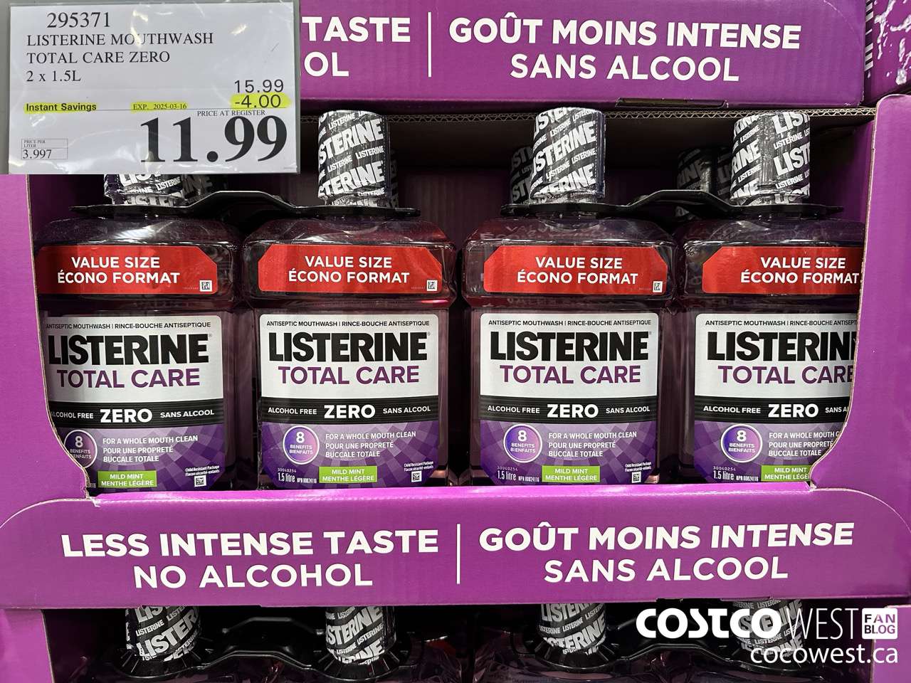 295371 LISTERINE MOUTHWASH TOTAL CARE ZERO 2 X 1.5L ($4.00 INSTANT SAVINGS EXPIRES ON 2025-03-16) $11.99