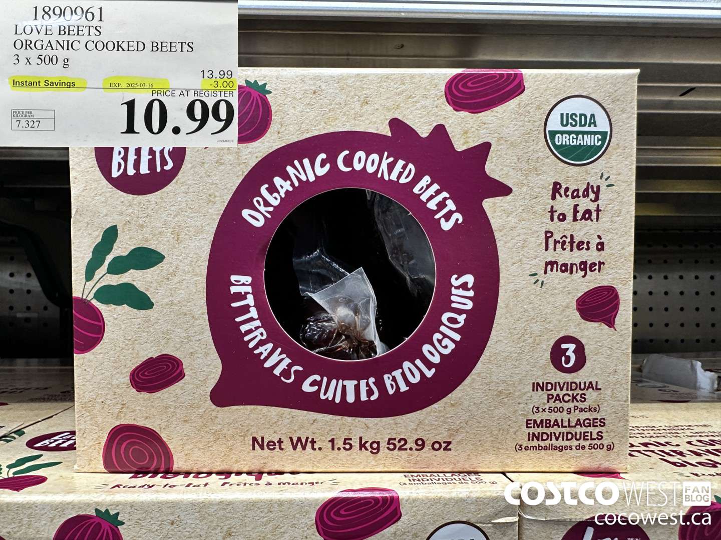1890961 LOVE BEETS ORGANIC COOKED BEETS 3 X 500G ($3.00 INSTANT SAVINGS EXPIRES ON 2025-03-16) $10.99