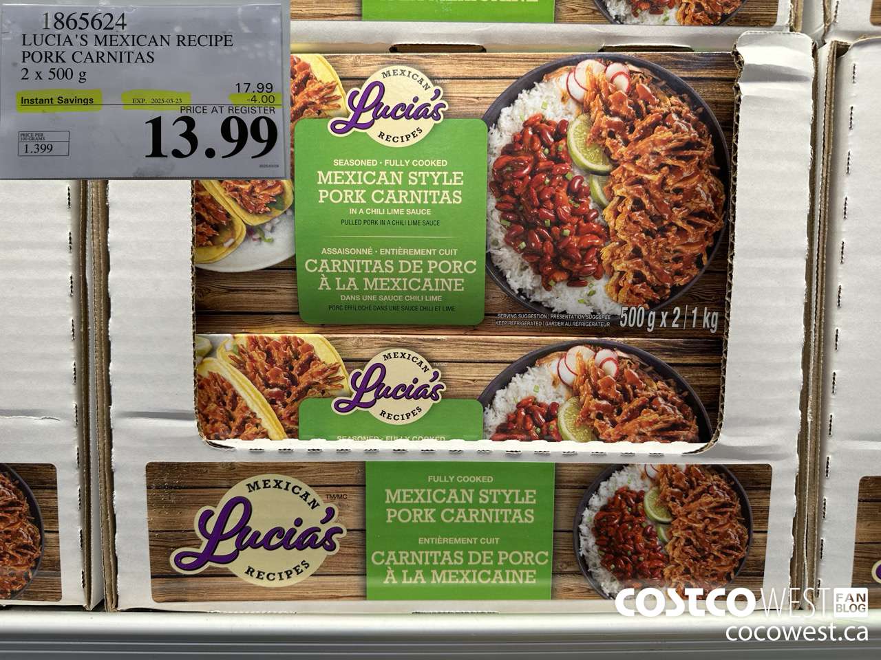 1865624 LUCIA'S MEXICAN RECIPE PORK CARNITAS 2 X 500G ($4.00 INSTANT SAVINGS EXPIRES ON 2025-02-23) $13.99