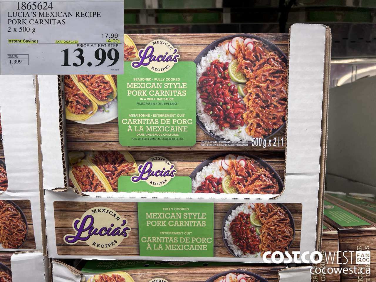 1865624 LUCIA'S MEXICAN RECIPE PORK CARNITAS 2 X 500G ($4.00 INSTANT SAVINGS EXPIRES ON 2025-02-23) $13.99