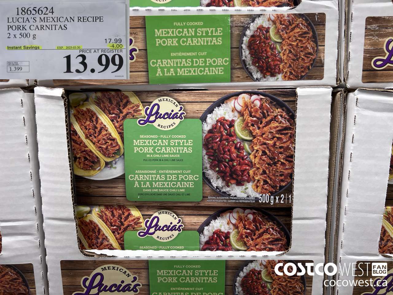 1865624 LUCIA'S MEXICAN RECIPE PORK CARNITAS 2 X 500G ($4.00 INSTANT SAVINGS EXPIRES ON 2025-03-30) $13.99